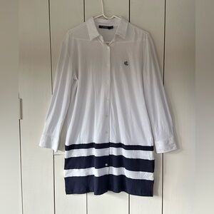 Lauren Ralph Lauren Monogram Striped Polo Shirt Dress Sz M White Navy Blue